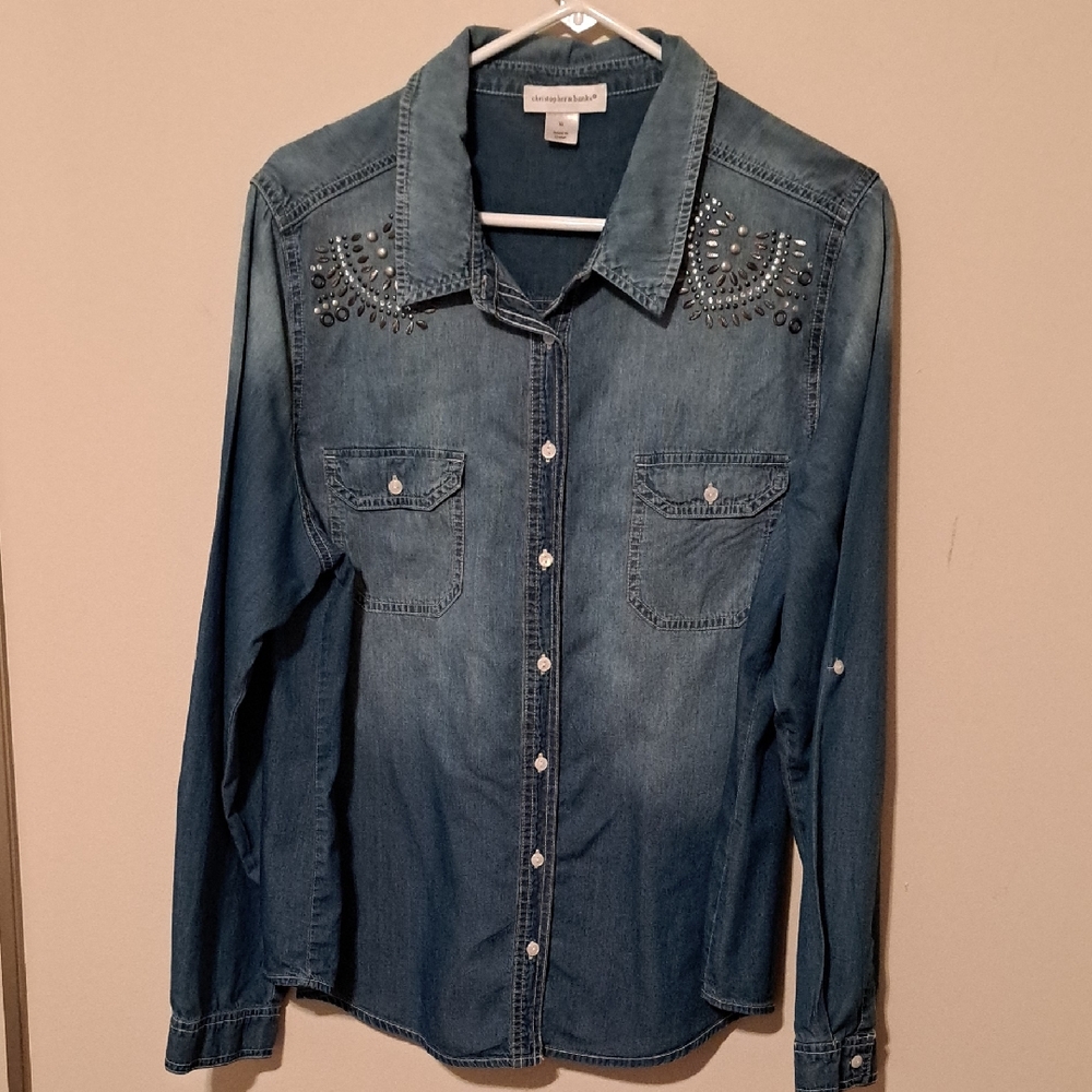 Christopher & Banks Blue Ombre Embellished Denim Shirt.  Size XL